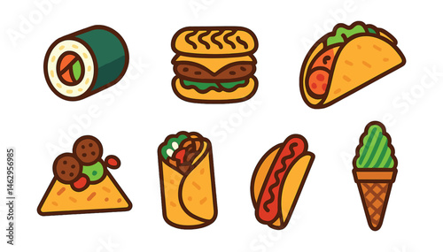 Flat vector icons of multicultural food fusion: sushi burrito wrap, ramen burger, pizza taco, shawarma quesadilla, Korean BBQ burrito, falafel nachos, Thai crepe dog, matcha churro cone.