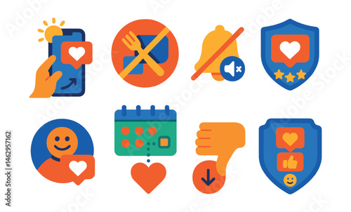 Flat vector icons of mindful social media use: conscious social media scrolling guide, social media fasting challenge badge, muting distractions icon, positive content curation badge, online kindness