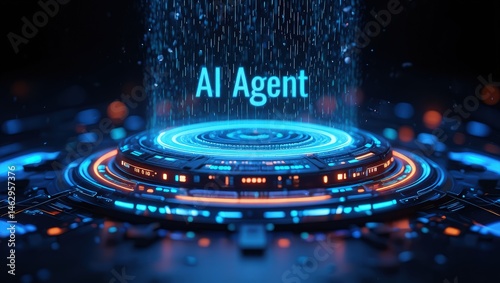 An AI agent hologram symbolizing agentic autonomy for collaboration with the human workforce using autonomous agents to work in business partnership using teamwork 