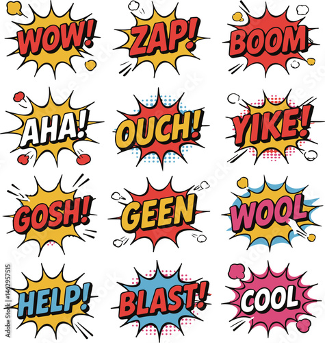 Twelve Retro Comic Book Speech Bubbles with Exclamations
