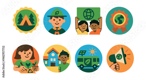 Flat vector icons of supporting eco kid’s activities: enrolling kids in eco-camps badge, participating in green scout programs badge, joining youth conservation clubs badge, supporting school