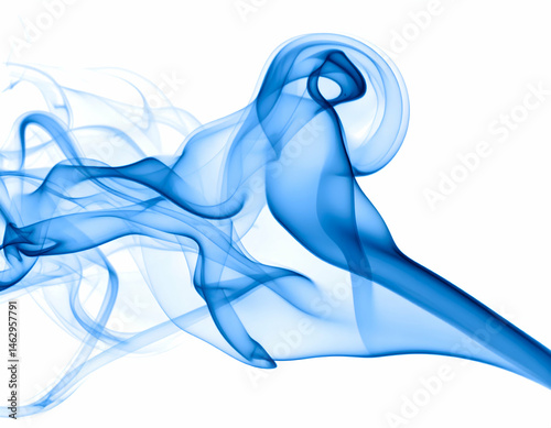 Abstract blue smoke flowing gracefully against a white background, creating a serene and artistic atmosphere