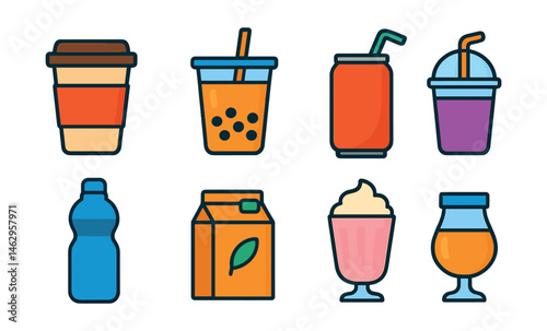 Flat vector icons of drinks for delivery: coffee cup with sleeve, bubble tea with sealed lid, soda can with straw, smoothie in plastic cup, reusable water bottle, juice in carton, milkshake with