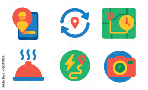 Flat vector icons of real-time delivery features: live courier location, animated progress bar, refresh route icon, ETA countdown with map, food temperature status, speed mode symbol, optimized route