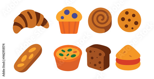 Flat vector icons of café pastries and snacks: croissant with chocolate, blueberry muffin, cinnamon roll, cookie with chips, almond biscotti, mini quiche, banana bread slice, scone with jam.