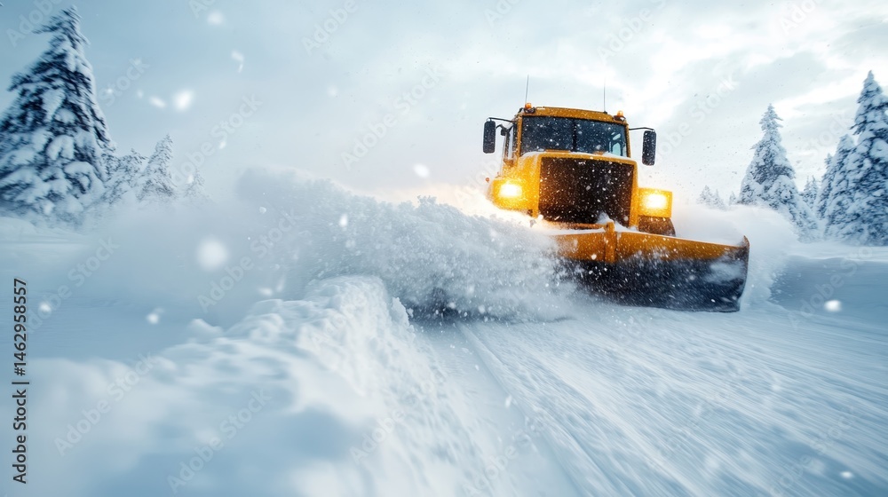 A powerful snow plow clears snow from a wintery road, cutting through heavy snowfall and creating a pathway, symbolizing determination and resilience in harsh conditions. A powerful snow plow clears snow from a wintery road, cutting through heavy snowfall and creating a pathway, symbolizing determination and resilience in harsh conditions.
