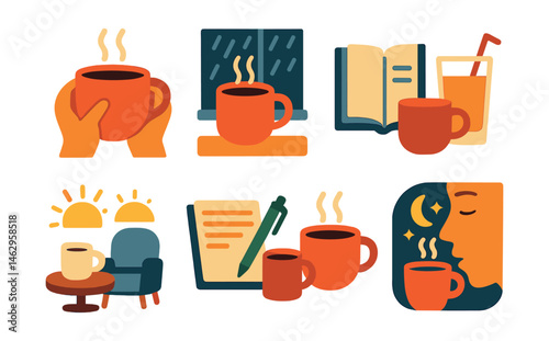 Flat vector icons of cozy café moments: hands holding warm mug, rainy day with coffee, book and drink pairing, early morning brew, late-night espresso, relaxing weekend vibe, journaling in café,