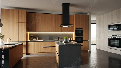 Modern minimalist kitchen interior with wooden cabinets, matte furnitur