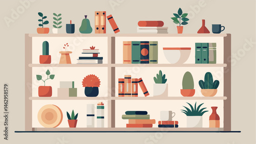 A simple white bookshelf filled with plants books and eclectic knickknacks. On the shelves a mix of ceramic vases woven baskets and colorful trinkets create a bohemian vibe against