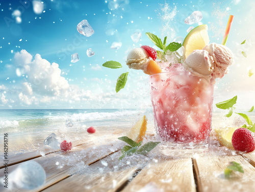 Refreshing summer cocktail exploding with fresh fruit on beach boardwalk