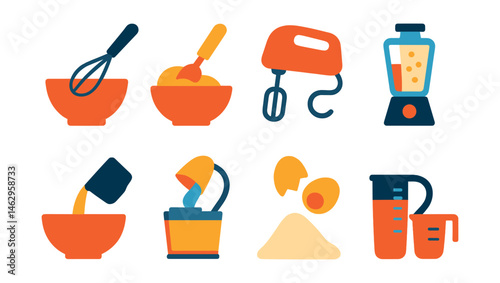 Flat vector icons of mixing and combining: bowl with whisk, spatula folding batter, electric mixer, dough hook in motion, blender with smoothie, pouring ingredients into bowl, cracked egg into flour,