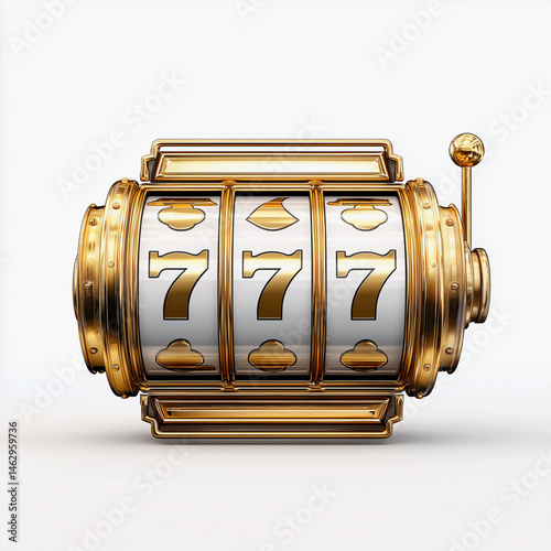 Gold and silver slot machine jackpot with 777 symbols on clean white backdrop
