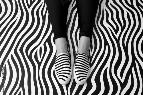 Black and white zebra print shoes on a person's feet.  A pair of slip-on shoes with black and white horizontal stripes sit atop a zebra print floor, the person's legs are visible below