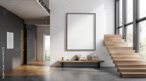 Modern entry with floating stair and large blank canvas (mockup)  
