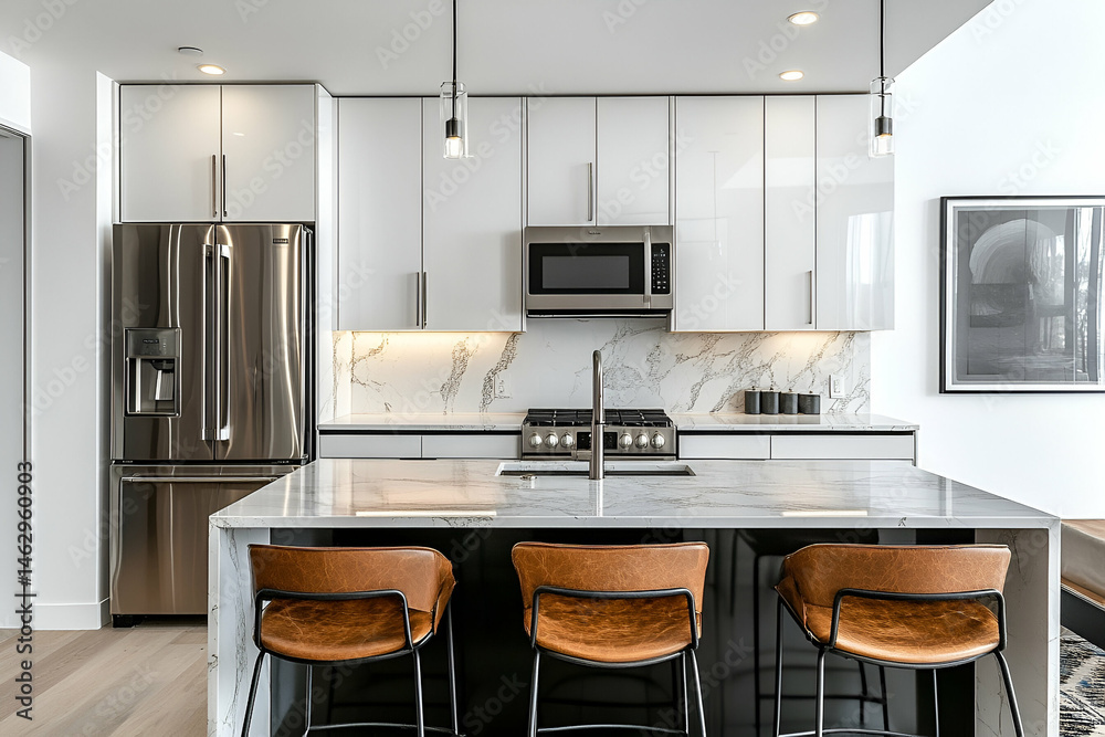 Fototapeta premium Modern White Kitchen Interior with Marble Countertops and Stainless Steel Appliances