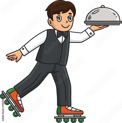 Inline Skates Waiter Cartoon Colored Clipart 