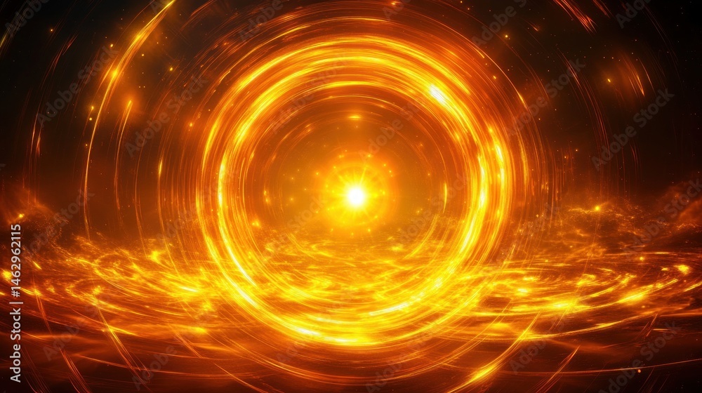 Obraz premium Radiant glowing golden circular vortex emitting light with sparkling particles and swirling energy patterns in a dark background
