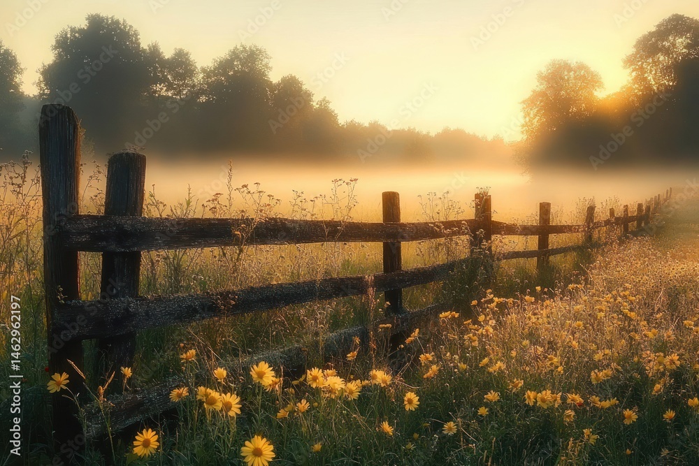 Obraz premium Sunlit morning meadow with wild yellow flowers and a rustic wooden fence surrounded by tall grass and distant trees in soft warm haze