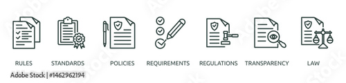 Printcompliance outline banner icon of rules, standards, policies, requirements, regulations, transparency, law