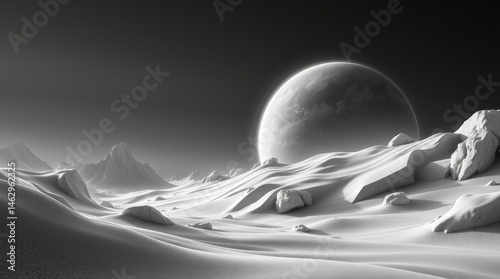 Alien Ice Desert with Giant Planet on the Horizon