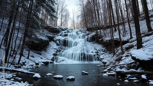  A serene frozen waterfall surrounded by a winter forest. 