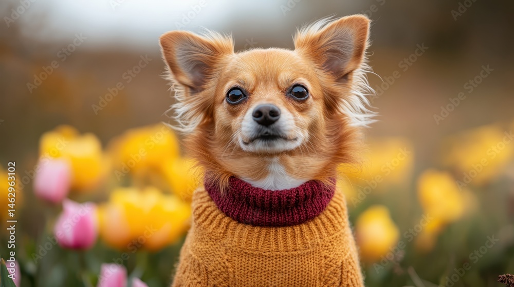 A charming Chihuahua dressed in a warm yellow sweater stands amidst a vibrant field of blooming flowers, showcasing its adorable personality and joyful spirit in nature's beauty. A charming Chihuahua dressed in a warm yellow sweater stands amidst a vibrant field of blooming flowers, showcasing its adorable personality and joyful spirit in nature's beauty.