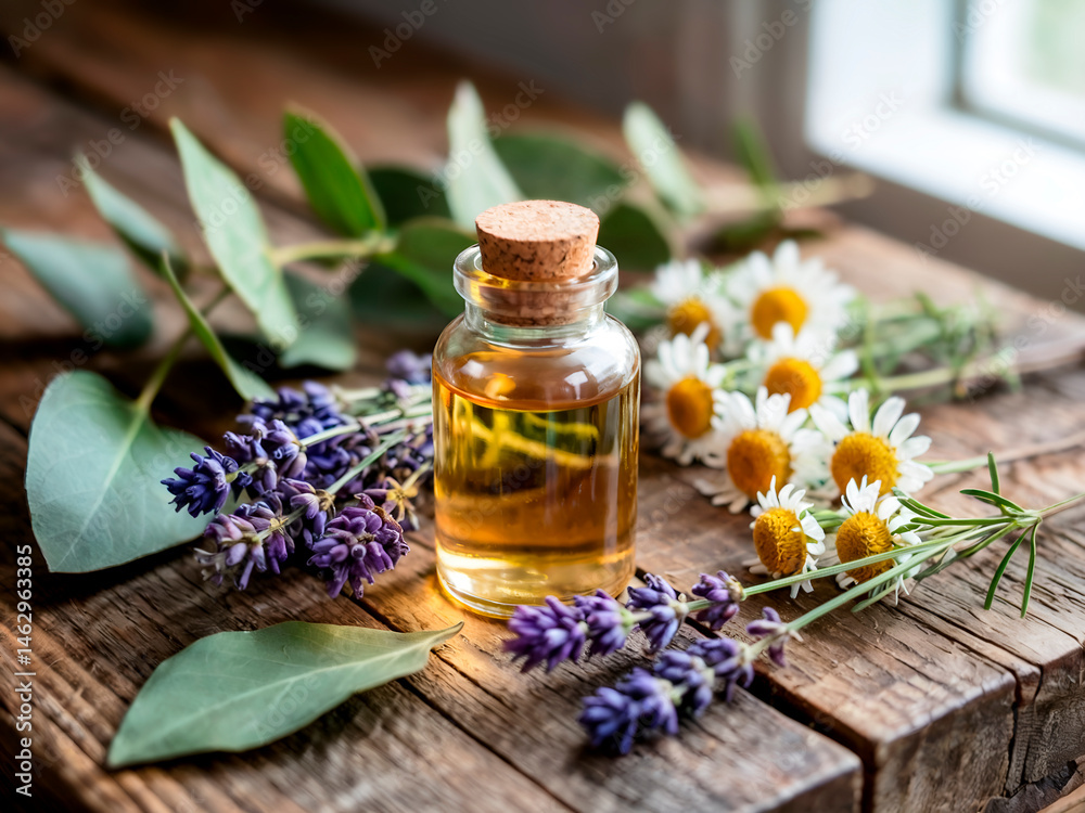 Aromatherapy essential oil with lavender, chamomile, and eucalyptus on a wooden surface Aromatherapy essential oil with lavender, chamomile, and eucalyptus on a wooden surface