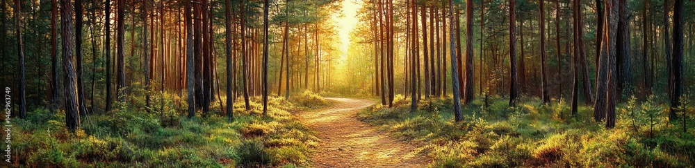 Fototapeta premium Sunlit forest path winding through tall pine trees with green undergrowth bathed in warm golden light creating a peaceful and inviting atmosphere