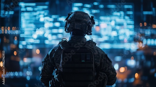 A fully equipped soldier stands with their back to the viewer, gazing at a neon-lit cityscape at night, evoking themes of vigilance and dystopian tension.  