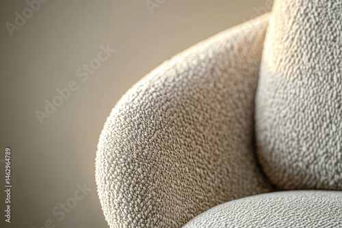 Close-up of a beige textured armchair, showcasing its soft fabric and curved design.