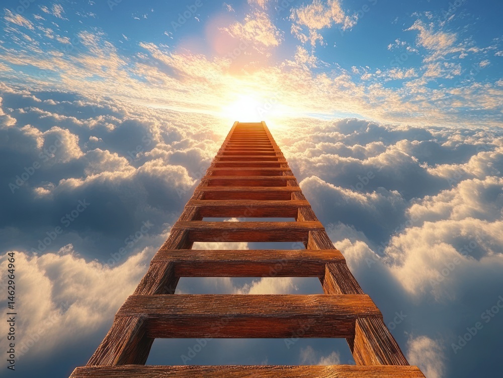 Wooden ladder ascending upwards through clouds toward bright sunlight in a vibrant sky Wooden ladder ascending upwards through clouds toward bright sunlight in a vibrant sky