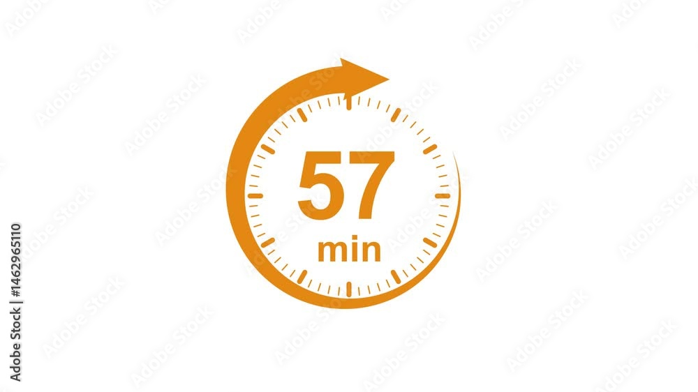 Clock Face Timer - The 57 minutes, stopwatch icon. Stopwatch icon in flat style. white and green background 4k video timer 57 minutes countdown icon. Time measure. The chronometer icon