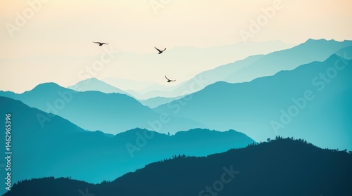 Layered Mountain Landscape with Flying Birds at Dawn