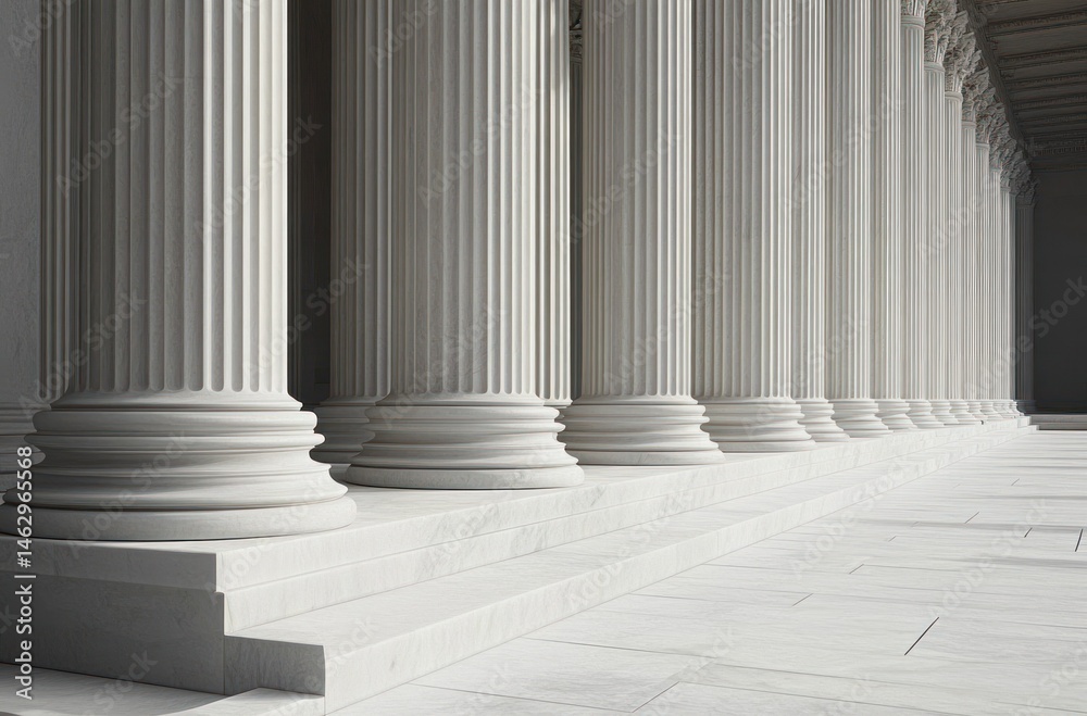 row of large classical white marble columns with fluted shafts and ornate capitals lining a stone floor and wall corridor
