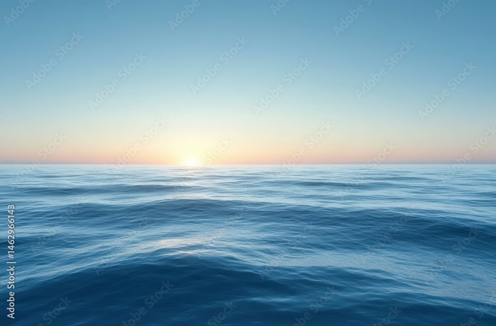 Obraz premium Calm ocean waves stretching to the horizon under a clear sky with the sun rising or setting, evoking tranquility and peacefulness