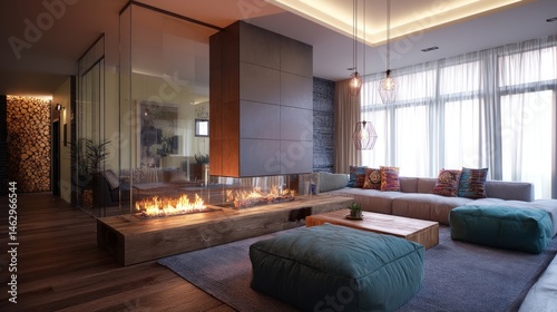 Modern living room with glass wall fireplace and warm textures  