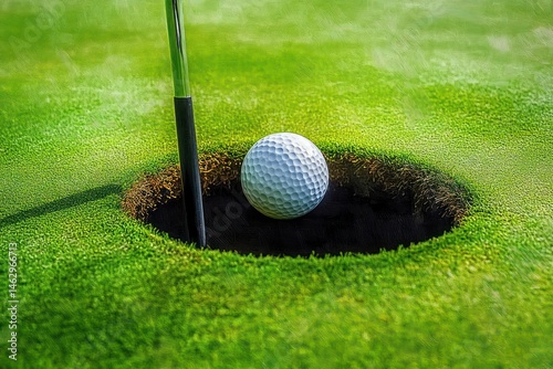 Close-up of a golf ball resting on the edge of a golf hole with a flagstick surrounded by vibrant green grass