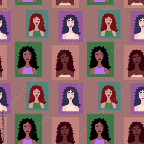A large set of faces of young girls of different nationalities. Seamless bright drawn creative pattern. Set of square girls avatars. International group of preschoolers, multinational woman