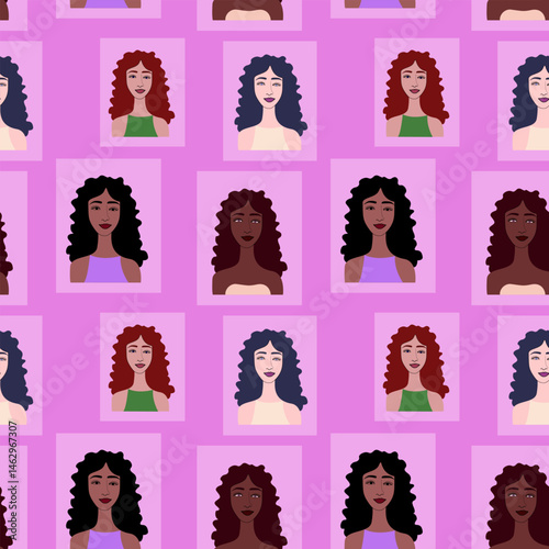 A large set of faces of young girls of different nationalities. Seamless bright drawn creative pattern. Set of square girls avatars. International group of preschoolers, multinational woman
