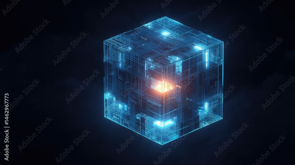 A glowing, futuristic cube with intricate patterns and luminous elements. A glowing, futuristic cube with intricate patterns and luminous elements.