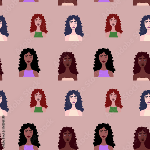 A large set of faces of young girls of different nationalities. Seamless bright drawn creative pattern. Set of square girls avatars. International group of preschoolers, multinational woman