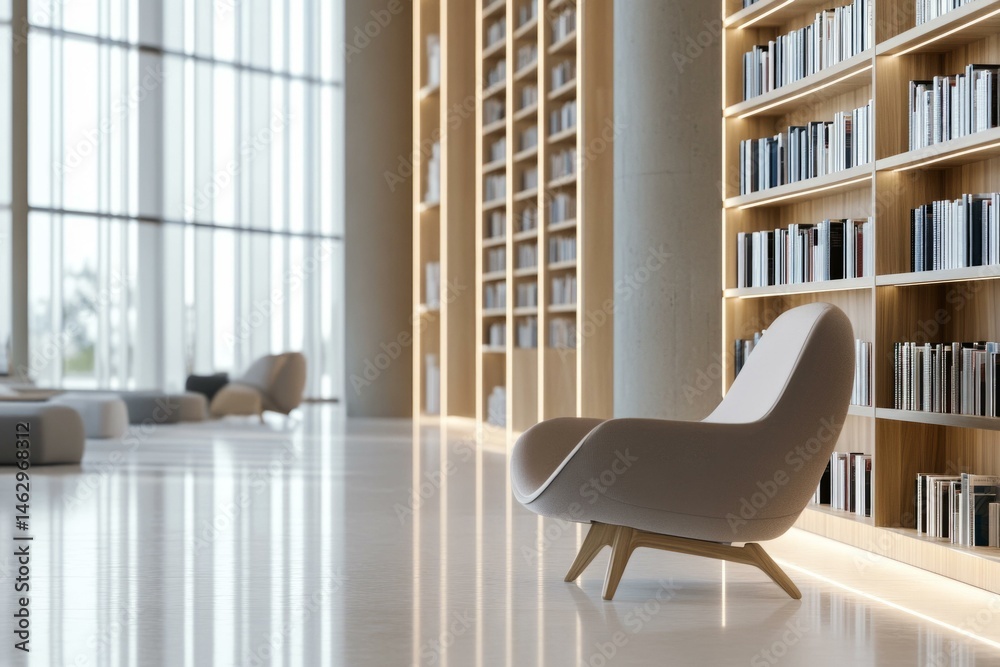Fototapeta premium Modern library interior with stylish lounge chair and bookshelves in soft natural light