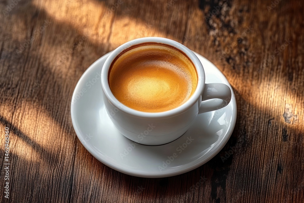 Close-up of a white cup filled with espresso coffee on a matching saucer resting on a rustic wooden surface with soft natural light and shadow patterns Close-up of a white cup filled with espresso coffee on a matching saucer resting on a rustic wooden surface with soft natural light and shadow patterns
