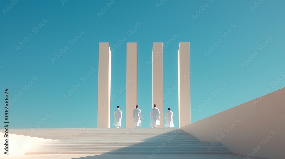 Men in White Suits Standing Before Tall Pillars Under Bright Sky Men in White Suits Standing Before Tall Pillars Under Bright Sky