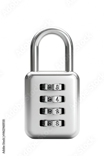 Silver combination padlock security metal lock close up image safe code on transparent background