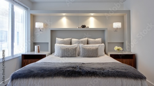 Modern master bedroom with alcove headboard and lighting  