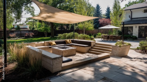 Modern patio with sunken lounge and shade sail 