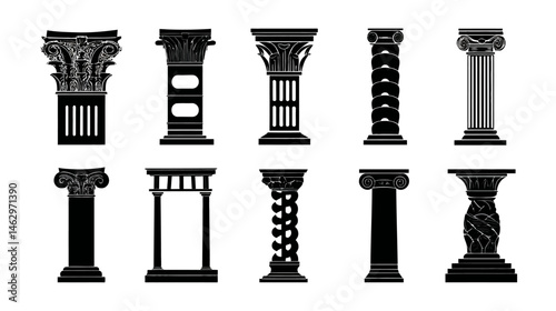 Columns icon set including medieval and ancient architectural elements simple black silhouette vector isolated on white background  -  
