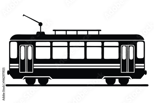 Black silhouette shows a public transport tram on a track, isolated