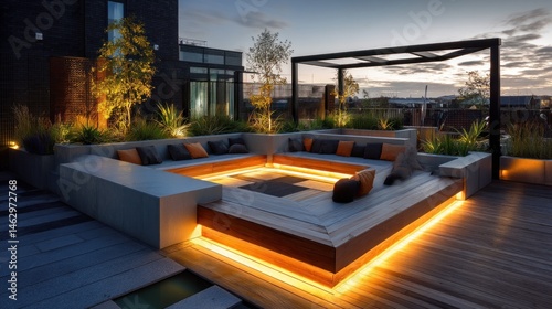 Modern rooftop terrace with sunken seating and LED floor lights  